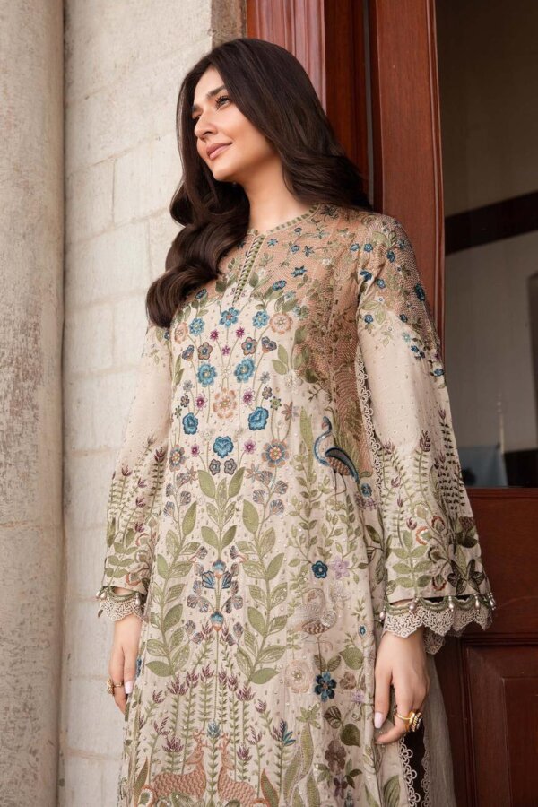 Maria B Hooram 3PC unstitched embroidered lawn and chiffon suit for women by AF Tex – summer collection with chiffon dupatta and printed trouser