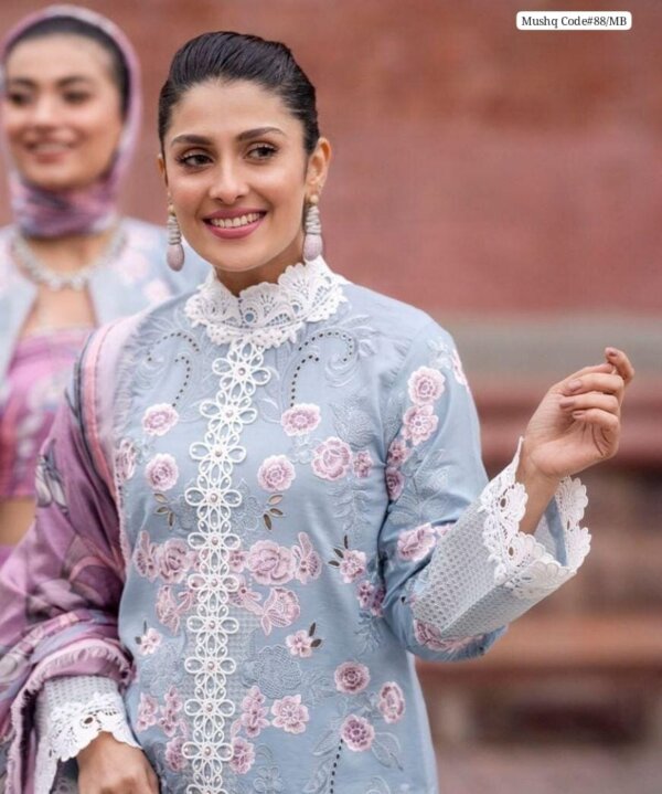 Sleeves close-up: Heavy embroidered lawn sleeves with border – MUSHQ 2025