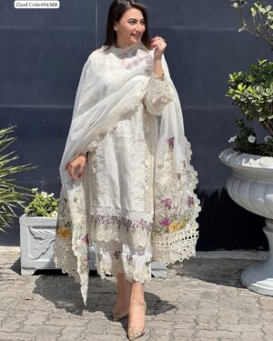 Front view of ELAaf EL-D06 embroidered schiffli lawn shirt with spangle neck lace