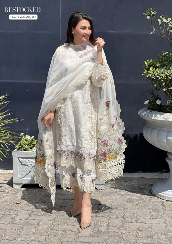 Front view of ELAaf EL-D06 embroidered schiffli lawn shirt with spangle neck lace