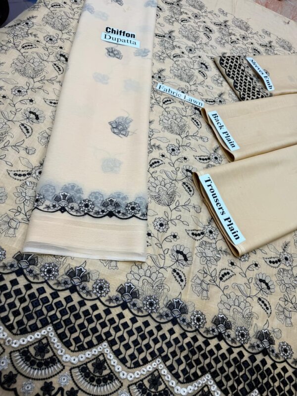 Close-up of Bareeze cambric cotton sleeves with embroidered border from Fajr luxury collection