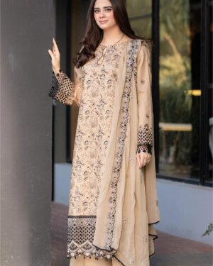 Front view of Bareeze Fajr embroidered cambric cotton 3PC suit with heavy neck patches and embroidered daman