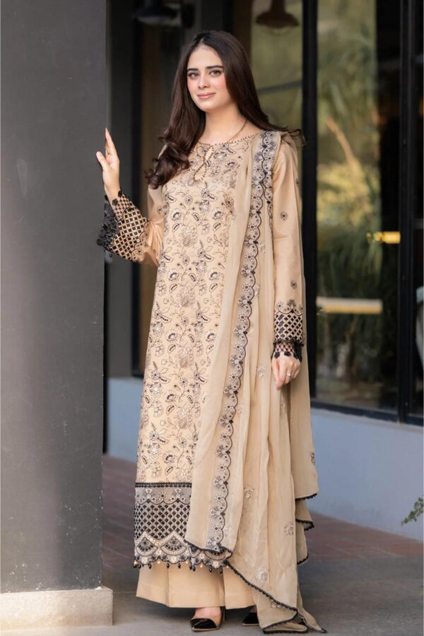 Front view of Bareeze Fajr embroidered cambric cotton 3PC suit with heavy neck patches and embroidered daman