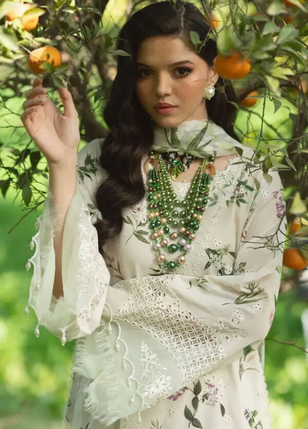 Front view of Afrozeh Lawn 3PC suit with heavy embroidered sleeves and daman patch – Fajr design