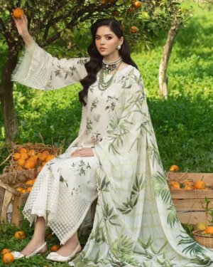 Front view of Afrozeh Lawn 3PC suit with heavy embroidered sleeves and daman patch – Fajr design