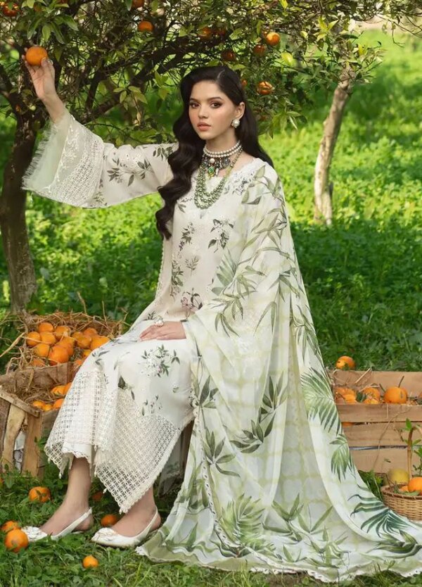 Front view of Afrozeh Lawn 3PC suit with heavy embroidered sleeves and daman patch – Fajr design