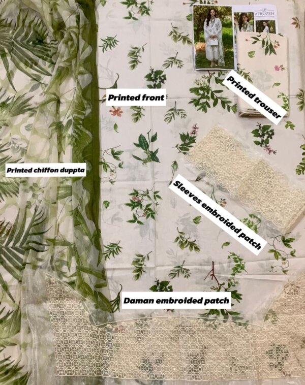 Allover digital printed lawn fabric of Afrozeh 3-piece suit