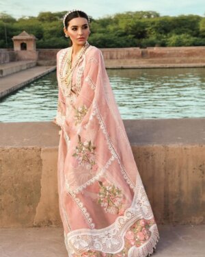 Front view of Crimson Schiffli embroidered lawn suit with daman, neck & chak patti – STA design