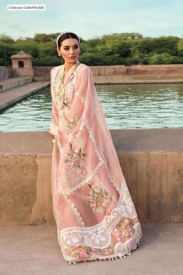 Front view of Crimson Schiffli embroidered lawn suit with daman, neck & chak patti – STA design