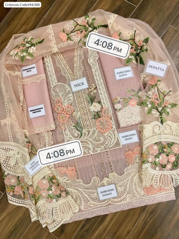 Fully embroidered sleeves with border of Crimson 3PC suit