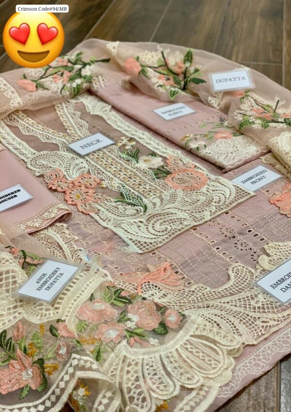Crimson 3PC Schiffli Embroidered Lawn Suit with Organza Dupatta - Image 5