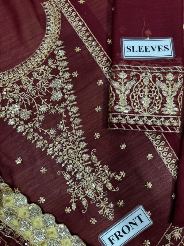 Plain malai trouser paired with embroidered chiffon shirt