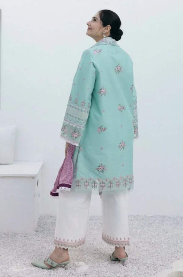 Embroidered Lawn 3PC Suit with Voil Dupatta - Image 4