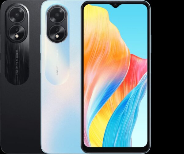 Oppo A18 Smartphone in Glowing Black – Front & Back View