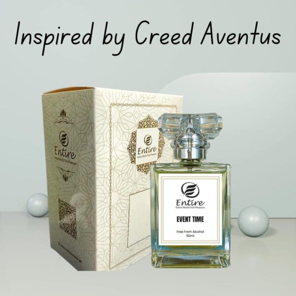 The perfume in the image is called "Event Time" by the brand "Entire". It is described as being inspired by Creed Aventus and is free from alcohol, with a 50ml volume. - Image 2