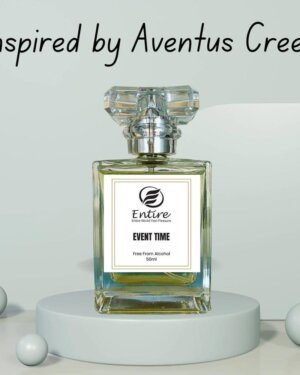 The perfume in the image is called "Event Time" by the brand "Entire". It is described as being inspired by Creed Aventus and is free from alcohol, with a 50ml volume.