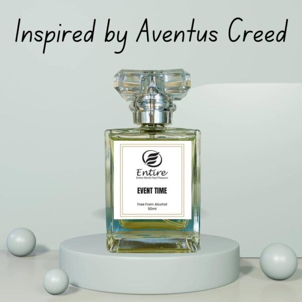 The perfume in the image is called "Event Time" by the brand "Entire". It is described as being inspired by Creed Aventus and is free from alcohol, with a 50ml volume.